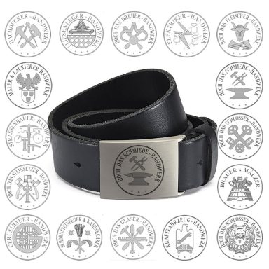 Gürtelschnalle mit verschiedenen Handwerks und Zunftmotiven und Wechselgürtel aus Vollrindsleder